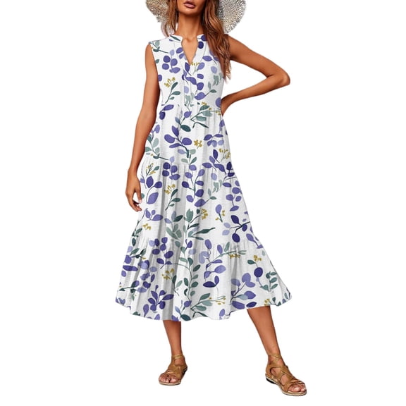 Casual V-Neck Floral Print Sleeveless Midi Dress Women's Summer Boho Dress Lightweight Rayon Blend with Side Slits for Beach Vacation,Light Purple S