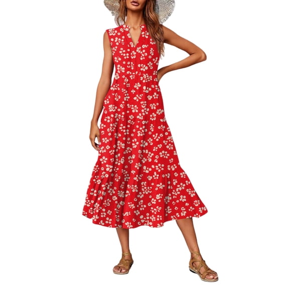 Casual V-Neck Floral Print Sleeveless Midi Dress Women's Summer Boho Dress Lightweight Rayon Blend with Side Slits for Beach Vacation,Red 2XL
