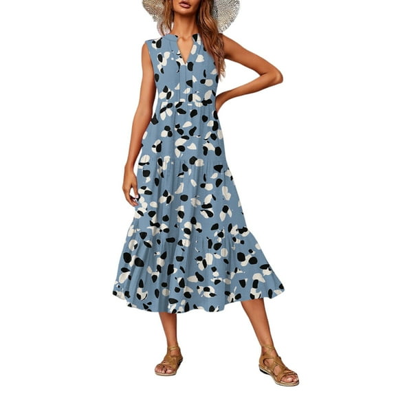 Casual V-Neck Floral Print Sleeveless Midi Dress Women's Summer Boho Dress Lightweight Rayon Blend with Side Slits for Beach Vacation,Royal Blue L