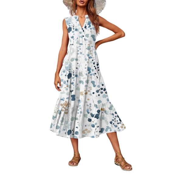 Casual V-Neck Floral Print Sleeveless Midi Dress Women's Summer Boho Dress Lightweight Rayon Blend with Side Slits for Beach Vacation,White 2XL
