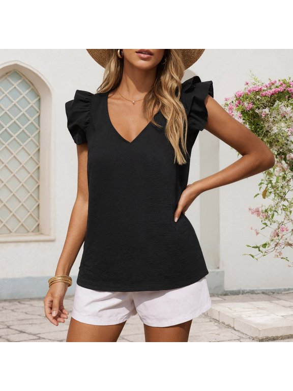 Casual V Neck Flutter Sleeveless Blouse with Ruffle for Everyday Wardrobe Lightweight Cropped Tank Tennis Top for Spring and Summer Black L