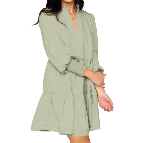 Casual V Neck Loose Womens Ruffle Tiered Long Sleeve Tunic Dress
