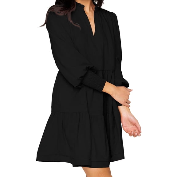 Casual V Neck Loose Womens Ruffle Tiered Long Sleeve Tunic Dress
