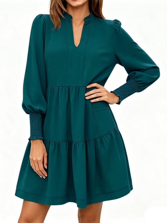 Casual V Neck Loose Womens Ruffle Tiered Long Sleeve Tunic Dress