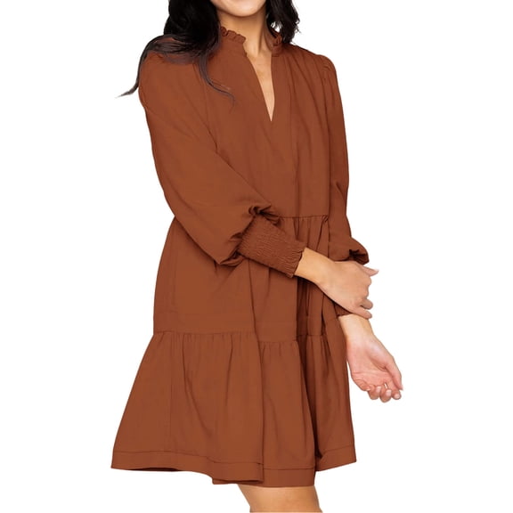 Casual V Neck Loose Womens Ruffle Tiered Long Sleeve Tunic Dress