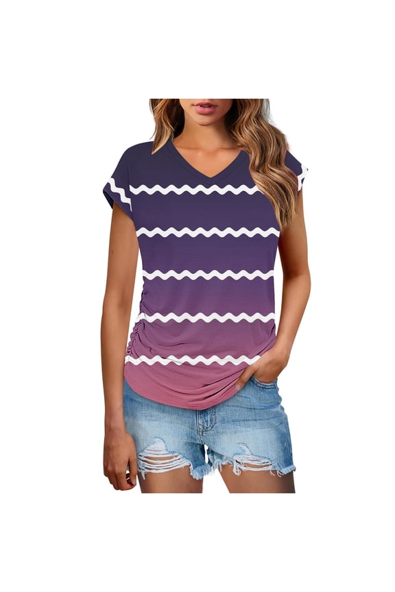 Casual V-Neck Shirt for Women Short Sleeve Raglan Color Block Printed Pattern Loose Fit Tee