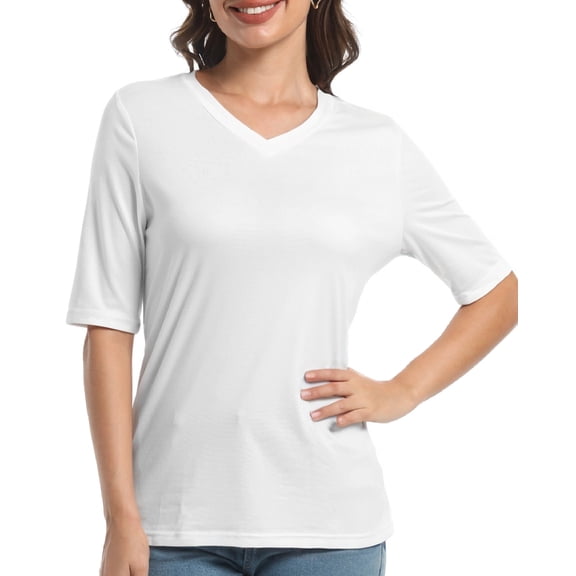 Casual V Neck T-Shirts for Women, Trendy Half Sleeve Elbow Length Tops