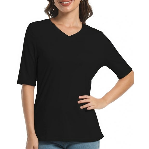 Casual V Neck T-Shirts for Women, Trendy Half Sleeve Elbow Length Tops