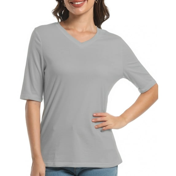 Casual V Neck T-Shirts for Women, Trendy Half Sleeve Elbow Length Tops