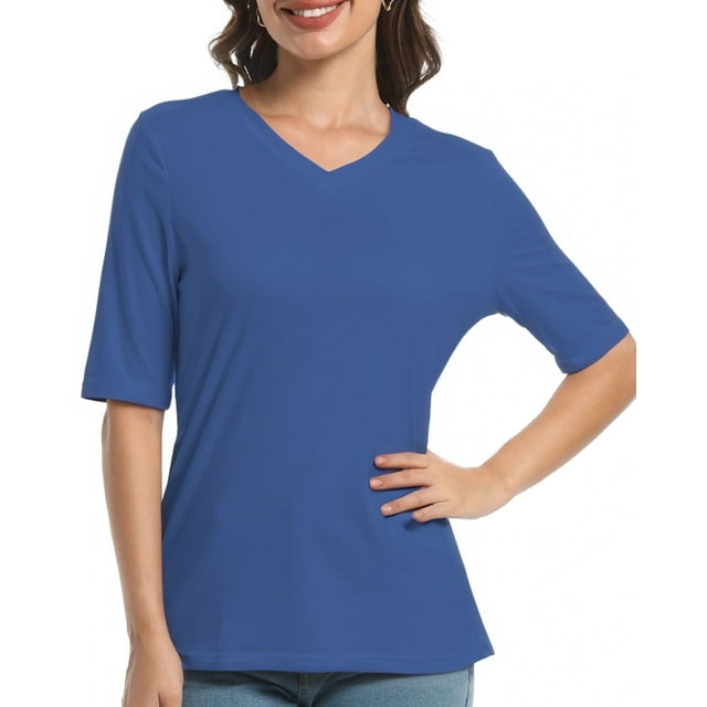 Casual V Neck T-Shirts for Women, Trendy Half Sleeve Elbow Length Tops