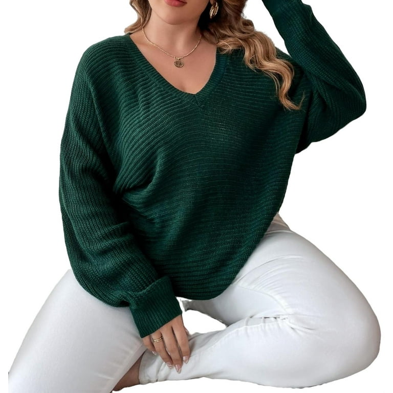 Casual V neck Pullovers Long Sleeve Dark Green Plus Size Sweaters Women s