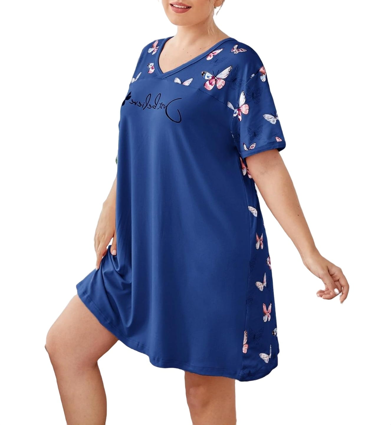 Casual V neck Sleepshirts Short Sleeve Blue Plus Size Nightgowns & Sleepshirts (Women's
