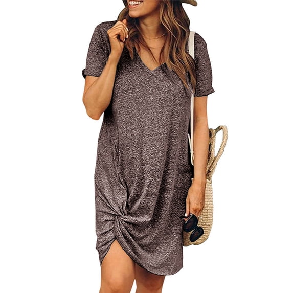 Casual VNeck Short Sleeve Color Block TShirt Dress for Women Fashion Summer Loose Dress Coffee XL