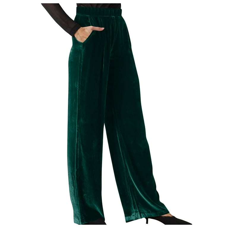 Casual Velvet Pants for Women Soft Cozy Velour Solid Color Wide Leg High Waisted Elastic Trousers with Pockets Green S