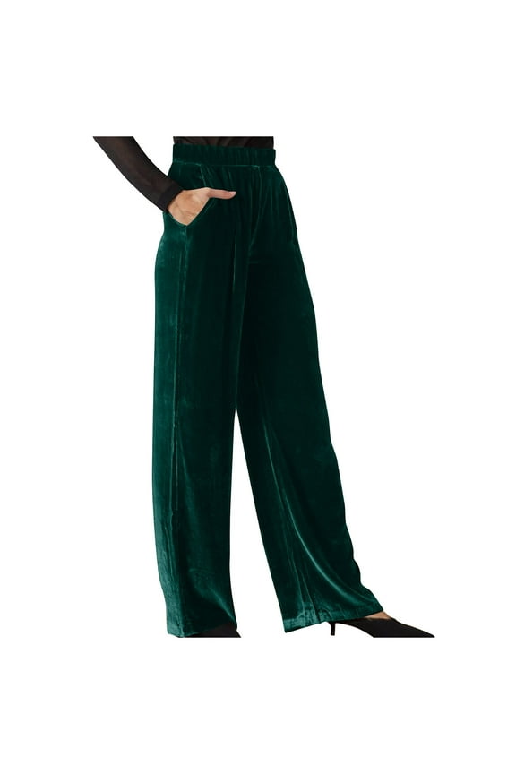 Casual Velvet Pants for Women Soft Cozy Velour Solid Color Wide Leg High Waisted Elastic Trousers with Pockets (Green,S)