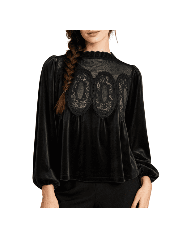 Casual Velvet Trim Lace Blouses for Women Long Sleeve Shirt Crewneck Flared Swing Top