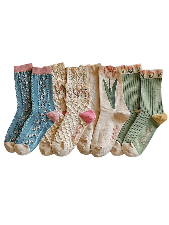 Casual Vintage Floral Cotton Socks for Women 4 Pairs Cute Ruffle Slouch Socks