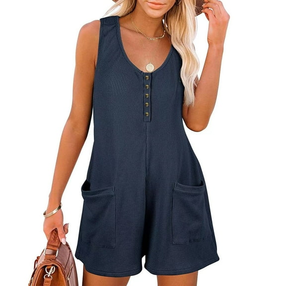 Casual Waffle Button Jumpsuit With Pockets Fashion Summer Beach Straight Shorts Overall Pants Womens Clothing