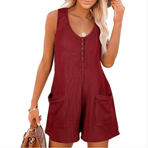Casual Waffle Button Jumpsuit With Pockets Fashion Summer Beach Straight Shorts Overall Pants Womens Clothing