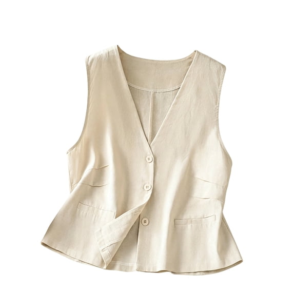 Casual Waistcoat for Women Loose Solid Color Button Up Vest V Neck Linen Blend Vests with Side Pockets Beige 2XL