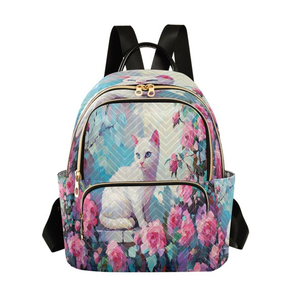 Casual White Cat Among Pink Roses Backpack for School,College and Travel, Water Resistant Bookbag,