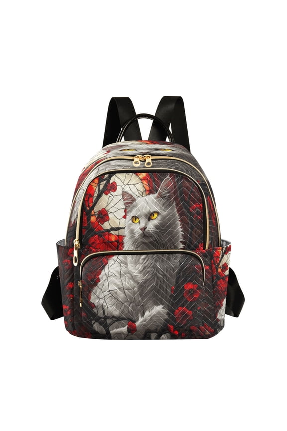Casual White Cat Red Flowers Moon Backpack for School,College and Travel, Water Resistant Bookbag,