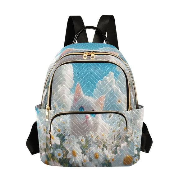Casual White Cat in Daisies Field Backpack for School,College and Travel, Water Resistant Bookbag,