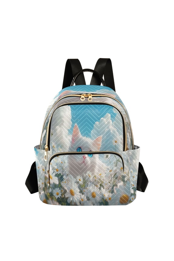 Casual White Cat in Daisies Field Backpack for School,College and Travel, Water Resistant Bookbag,