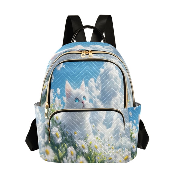 Casual White Cat in Daisy Field Backpack for School,College and Travel, Water Resistant Bookbag,
