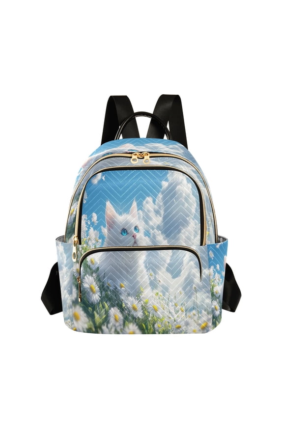Casual White Cat in Daisy Field Backpack for School,College and Travel, Water Resistant Bookbag,