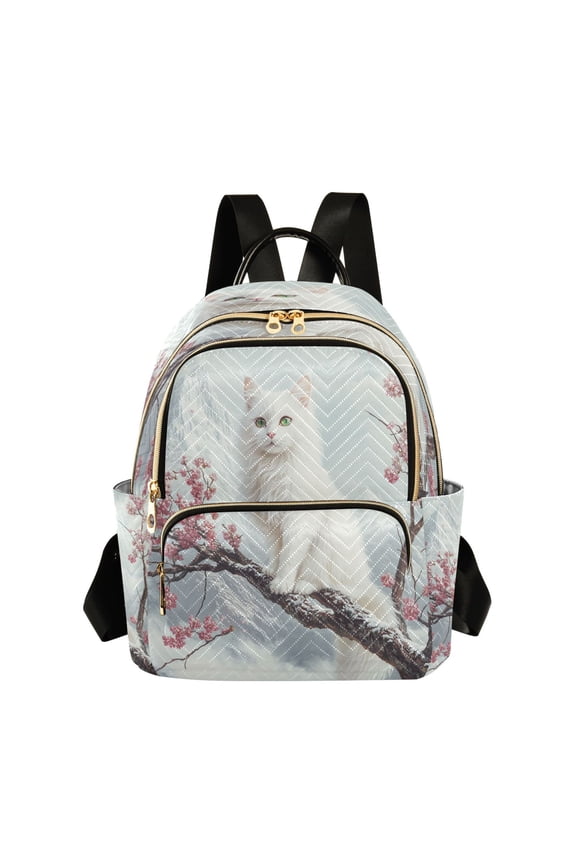 Casual White Cat on Cherry Blossom Tree Backpack for School,College and Travel, Water Resistant Bookbag,