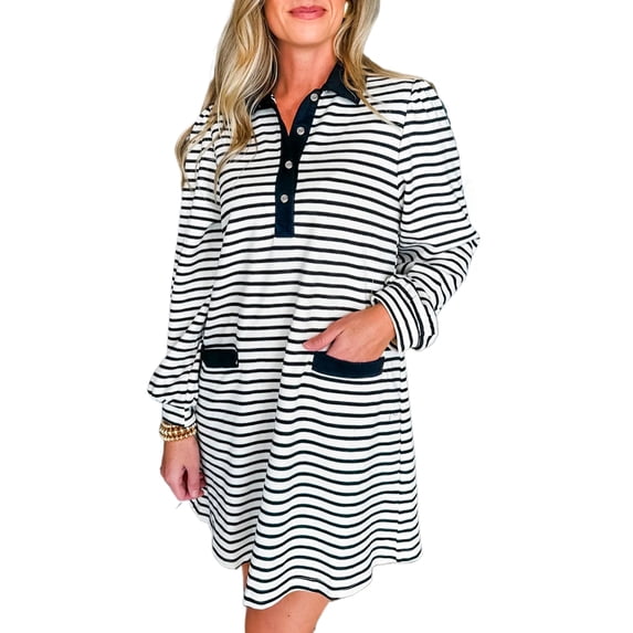 Casual White Stripe Button-Front Mini Dress for Women Daily Wear | L