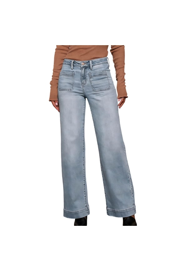 Casual Wide Leg Jeans High Waisted Straight Denim Pants Front Patch Pocket Trousers Vintage Wash Cowboy Pants Casual Loose Bootcut Trousers Stretch Comfortable Denim Bottoms Daily Street Wear