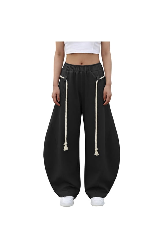 Casual Wide Leg Pants for Women Baggy Barrel Sweatpants Elastic Waist Lantern Trouser Pants