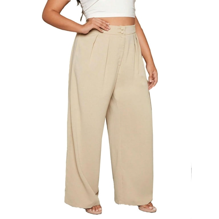Casual Wide Leg Plain Khaki Long Plus Size Pants