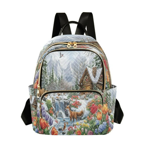 Casual Winter Scene with Animals Flowers Backpack for School,College and Travel, Water Resistant Bookbag,