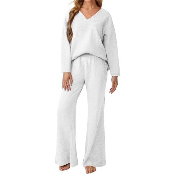 Casual Winter Two Piece Sets for Women 2025 V Neck Sweatshirt Loose Wide Leg Pants Tracksuit Knit Fall Outfits White XXL