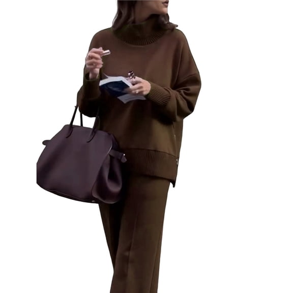 Casual Winter Two Piece Sets for Women Crew Neck Sweatshirt Loose Wide Leg Pants Tracksuit Knit Fall Outfits Brown M