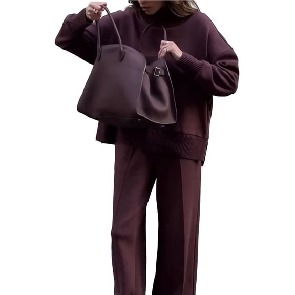 Casual Winter Two Piece Sets for Women Crew Neck Sweatshirt Loose Wide Leg Pants Tracksuit Knit Fall Outfits Deep Red M