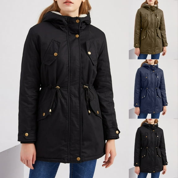 Casual Winter Warm Coats for Women, Ladies Solid Hooded Drawstring Waist Zipper Padded Coat Blouse Jackets Black L