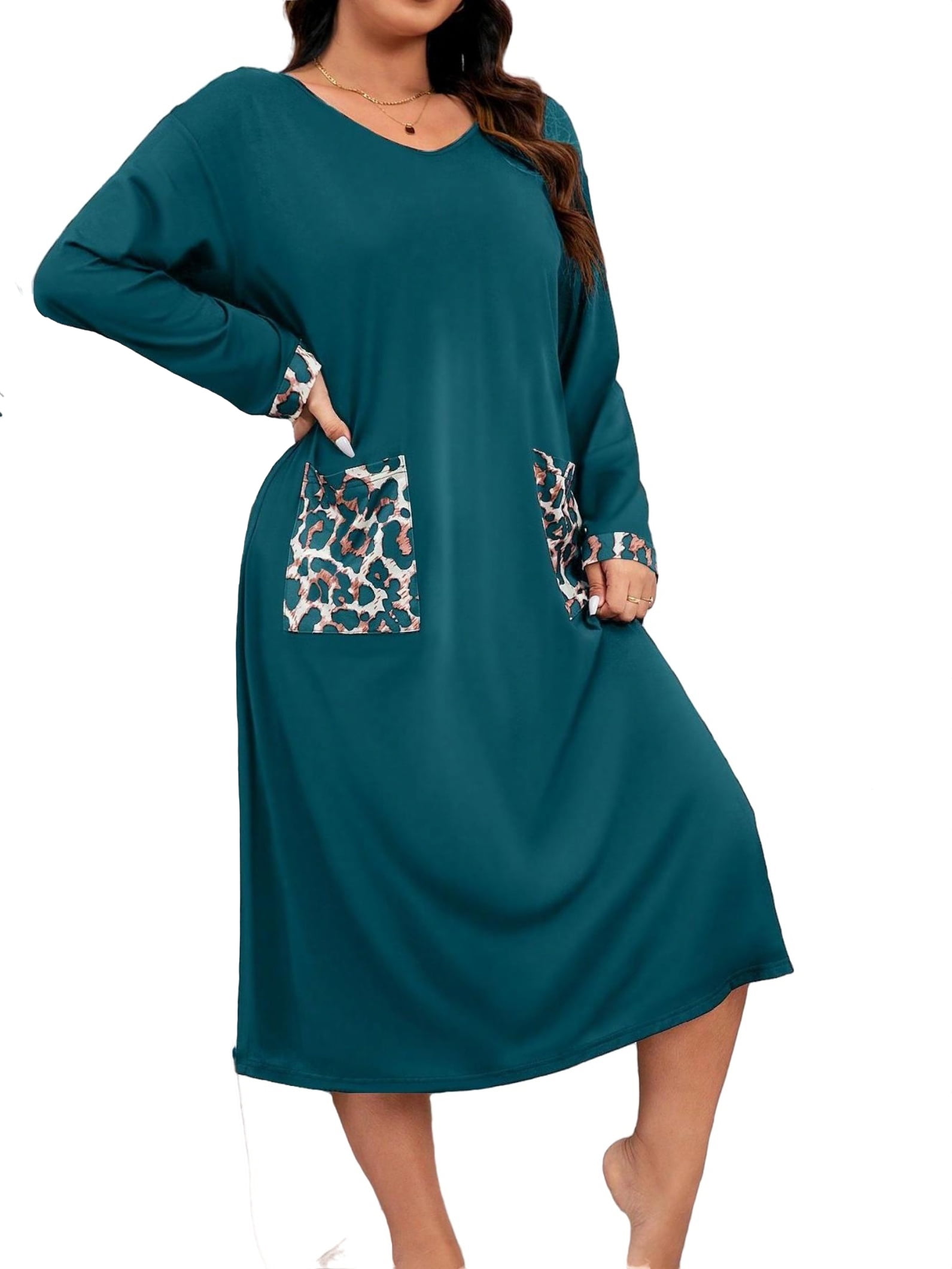 Casual-Woman Leopard Print V neck Sleepshirts Long Sleeve Green Plus ...