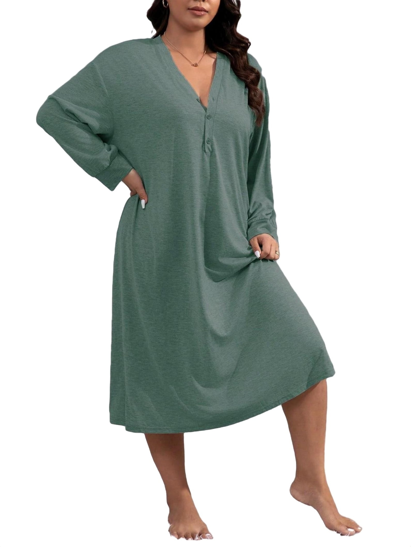 Casual-Woman Solid V neck Sleepshirts Long Sleeve Dark Green Plus Size ...