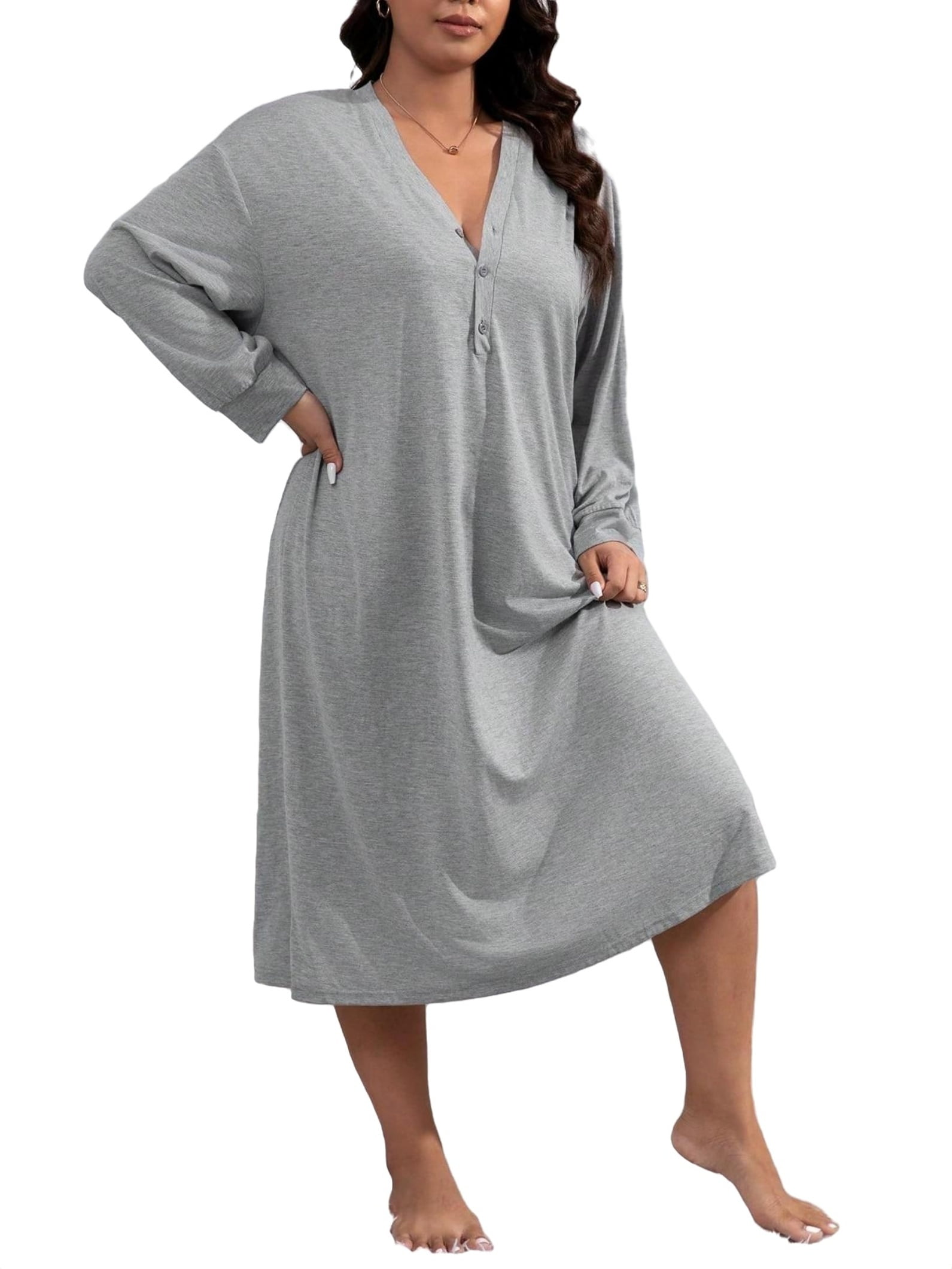 Casual-Woman V neck Sleepshirts Long Sleeve Grey Plus Size Nightgowns ...