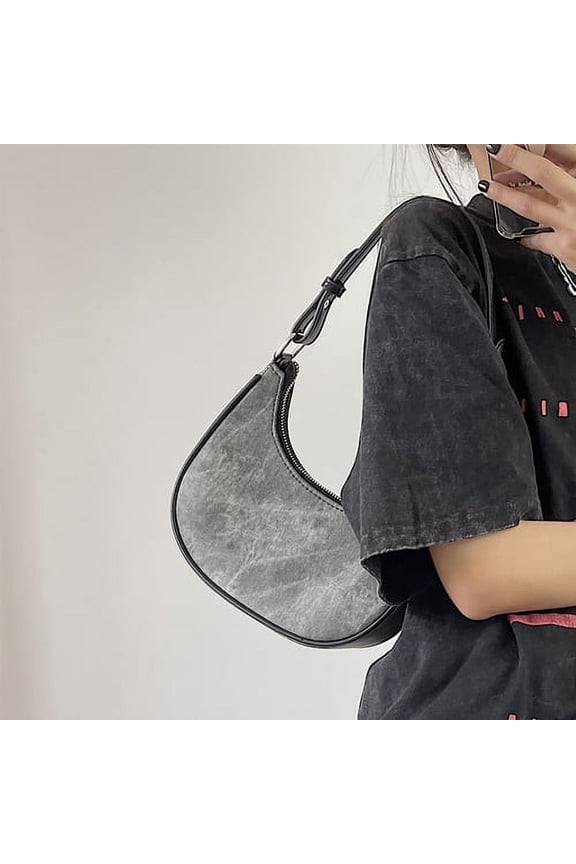 Casual Women Half Moon Underarm Bags Gray PU Leather Hobos Shoulder Bag for Female All Match Ladies Crossbody Bag Purse Handbags