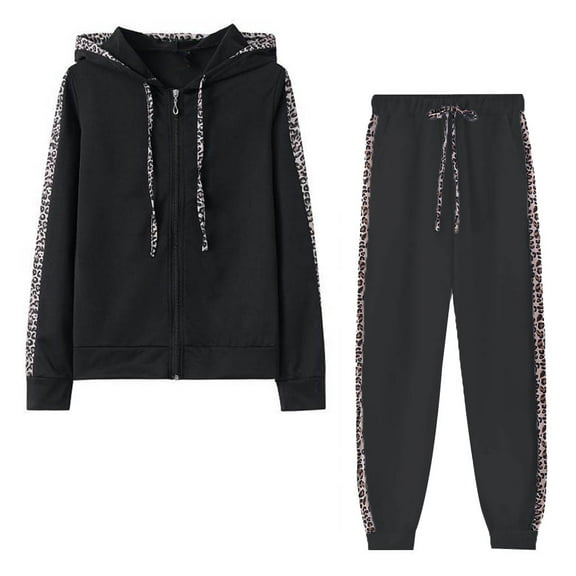 Casual Women Hoodies Sports Tops Pants Tracksuit Fashion Women's Fall Winter Casual Sports V-Neck Leopard Print Long Sleeve Pocket Zippered Sweatshirts Hoodie Set Fall New Arrivals