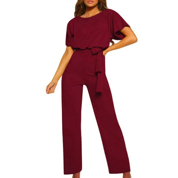 Casual Women Jumpsuit Women Jumpsuit with Lace-up Belt Wide Leg Short Sleeves Pure Color O Neck High Waist Casual Formal Long Romper Outfit