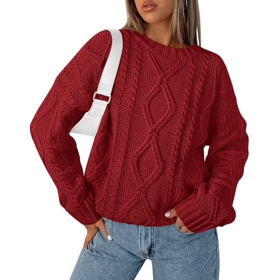 Casual Women Long Sleeve Sweater 2025 Fall Ribbed Knit Pullover Loose Crewneck Cable Sweater Jumper Tops