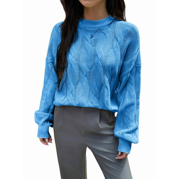 Casual Women Long Sleeve Sweater Fall Ribbed Knit Pullover Loose Crewneck Cable Sweater Jumper Tops Blue L