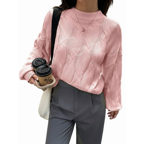 Casual Women Long Sleeve Sweater Fall Ribbed Knit Pullover Loose Crewneck Cable Sweater Jumper Tops Light Pink XL