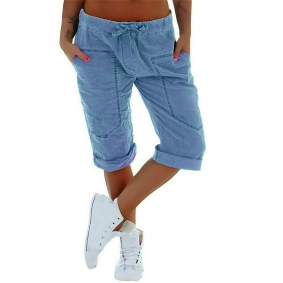 Casual Women Low Waist Solid Color Jogger Capri Pants with Pocket